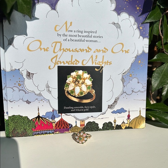 14K Yellow Gold “FM” Natural Fiery Opals & Green Emeralds Ring - Picture 6 of 9